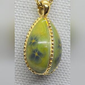 Vintage Joan Rivers Egg Floral Enamel Pendant and 30" Chain Necklace Green